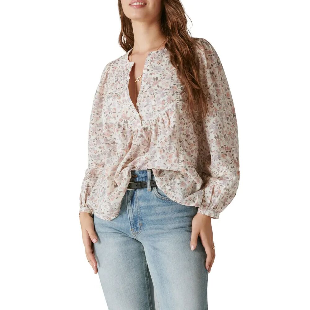 Lucky Brand Women's Medium Lace Inset Long Sleeve Cotton Top Floral Print Shirt